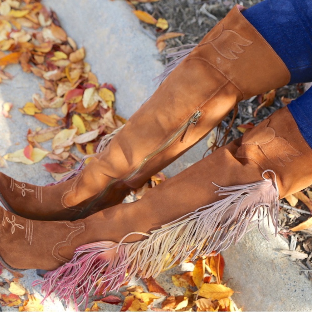 Junk Gypsy size 6 Fringe Leather Boots with Pink and Tan Accents